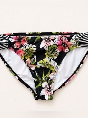 Hot Water Tropical Print Bikini Bottom with Striped Accents / Pink & Lime Floral